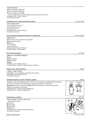 "MAP OF Sciatic":
Medial compartment: Obturator
Anterior compartment: Femoral
Posterior compartment: Sciatic
  So all the thigh muscles in that compartment get innervated by that nerve.
Knowledge Level 1, System: Nervous
Anonymous Contributor


Trigeminal nerve: where branches exit skull                                                             Hi Yield [ID 38]

"S tanding Room Only":
S uperior orbital fissure is V1
foramen Rotundum is V2
foramen Ovale is V3
Knowledge Level 1, System: Nervous
Anonymous Contributor


V3 innervated muscles (branchial arch 1 derivatives)                                                   Hi Yield [ID 304]

"M.D. My TV":
Mastication [masseter, temporalis, pterygoids]
Digastric [anterior belly]
Mylohyoid
tensor Tympani
tensor Veli palatini
Knowledge Level 2, System: Nervous
Christian Erickson Duke University


V3: sensory branches                                                                                           [ID 1024]

"Buccaneers Are Inferior Linguists":
Buccal
Auriculotemporal
Inferior alveolar
Lingual
Knowledge Level 5, System: Nervous
Jennifer Chuang University of Vermont School of Medicine


Vagus nerve: path into thorax                                                                                   [ID 449]

"I Left my Aunt in Vegas":
Left Vagus nerve goes Anterior descending into the thorax.
Knowledge Level 4, System: Nervous
Anonymous Contributor


Anatomical planes: coronal, horizontal, sagittal                                                                [ID 262]

Coronal: A classic painting/stained glass window of a saint/angel has a corona radiating around the
person's head. The plane of the glass/page is cutting their head in the coronal plane.
Horizontal: Someone coming over the horizon has their abdomen cut in the horizontal plane.
Sagittal: the remaining one by default.
Knowledge Level 1, System: Other/Miscellaneous
Robert O'Connor University College Dublin




Cubital fossa contents                                                                                         [ID 1271]

"Really Need Booze To Be At My Nicest":
  From lateral to medial:
Radial Nerve
Biceps Tendon
Brachial Artery
Median Nerve
Knowledge Level 2, System: Other/Miscellaneous
Anonymous Contributor


Hand: nerve lesions                                                                                   Hi Yield [ID 3262]
 