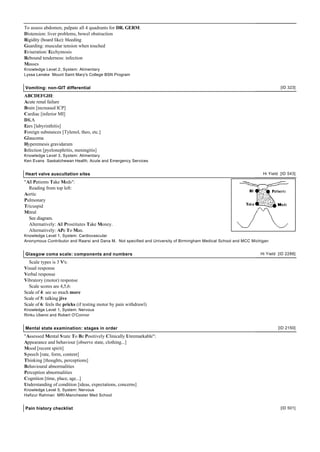 To assess abdomen, palpate all 4 quadrants for DR. GERM:
Distension: liver problems, bowel obstruction
Rigidity (board like): bleeding
Guarding: muscular tension when touched
Eviseration/ Ecchymosis
Rebound tenderness: infection
Masses
Knowledge Level 2, System: Alimentary
Lyssa Lenske Mount Saint Mary's College BSN Program


Vomiting: non-GIT differential                                                                                               [ID 323]

ABCDEFGHI:
Acute renal failure
Brain [increased ICP]
Cardiac [inferior MI]
DKA
Ears [labyrinthitis]
Foreign substances [Tylenol, theo, etc.]
Glaucoma
Hyperemesis gravidarum
Infection [pyelonephritis, meningitis]
Knowledge Level 3, System: Alimentary
Ken Evans Saskatchewan Health, Acute and Emergency Services


Heart valve auscultation sites                                                                                      Hi Yield [ID 543]

"All Patients Take Meds":
  Reading from top left:
Aortic
Pulmonary
Tricuspid
Mitral
  See diagram.
  Alternatively: All Prostitutes Take Money.
  Alternatively: APe To Man.
Knowledge Level 1, System: Cardiovascular
Anonymous Contributor and Raarsi and Dana M. Not specified and University of Birmingham Medical School and MCC Michigan


Glasgow coma scale: components and numbers                                                                         Hi Yield [ID 2288]

  Scale types is 3 V's:
Visual response
Verbal response
Vibratory (motor) response
  Scale scores are 4,5,6:
Scale of 4: see so much more
Scale of 5: talking jive
Scale of 6: feels the pricks (if testing motor by pain withdrawl)
Knowledge Level 1, System: Nervous
Rinku Uberoi and Robert O'Connor


Mental state examination: stages in order                                                                                   [ID 2150]

"Assessed Mental S tate To Be Positively Clinically Unremarkable":
Appearance and behaviour [observe state, clothing...]
Mood [recent spirit]
S peech [rate, form, content]
Thinking [thoughts, perceptions]
Behavioural abnormalities
Perception abnormalities
Cognition [time, place, age...]
Understanding of condition [ideas, expectations, concerns]
Knowledge Level 5, System: Nervous
Hafizur Rahman MRI-Manchester Med School


Pain history checklist                                                                                                       [ID 501]
 