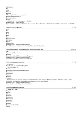 SOCRATES:
S ite
Onset
Character
Radiation
Alleviating factors/ Associated symptoms
Timing (duration, frequency)
Exacerbating factors
S everity
   Alternatively, S igns and S ymptoms with the 'S'.
Knowledge Level 1, System: Nervous
Piyush and Shirish Toshniwal and Jonathan Round and Neil Mckeon Cambridge and Smt. NHL Medical College, Ahmedabad and RFUCMS


Abdominal swelling causes                                                                                                                 [ID 194]

9 F's:
Fat
Feces
Fluid
Flatus
Fetus
Full-sized tumors
Full bladder
Fibroids
False pregnancy
Knowledge Level 1, System: Other/Miscellaneous
Richard Thompson and Alex Queens University, Belfast, NI and Not Specified


Clinical examination: initial Inspection of patient from end of bed                                                                  [ID 3076]

ABC:
Appearance (SOB, pain, etc)
Behaviour
Connections (drips, inhalers, etc connected to patient)
Knowledge Level 2, System: Other/Miscellaneous
Jamal Khan Birmingham University Medical Student


Differential diagnosis checklist                                                                                                          [ID 342]

"A VITAMIN C"
A and C stand for Acquired and Congenital
   VITAMIN stands for:
Vascular
Inflammatory (Infectious and non-Infectious)
Trauma/ Toxins
Autoimmune
Metabolic
Idiopathic
Neoplastic
   Example usage: List causes of decreased vision: Central retinal artery occlusion, Retinitis pigmentosa, Perforation to gobe, Chronic
Gentamycin use, Ruematoid arthritis, Diabetes, Idiopathic, Any eye tumor, Myopia.
Knowledge Level 1, System: Other/Miscellaneous
Nizaar Lilla University Of Cape Town Medical School


Differential diagnosis checklist                                                                                                          [ID 664]

"I VINDICATE AID":
Idiopathic
Vascular
Infectious
Neoplastic
Degenerative
Inflammatory
Congenital
Autoimmune
Traumatic
Endocrinal and metabolic
Allergic
 