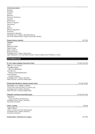 INVESTIGATIONS:
Iatrogenic
Neoplastic
Vascular
Endocrine
S tructural/ Mechanical
Traumatic
Inflammatory
Genetic/ Congenital
Autoimmune
Toxic
Infective
Old age/ Degenerative
Nutritional
S pontaneous/ Idiopathic
Knowledge Level 1, System: Other/Miscellaneous
Neil Curran Medical Student, Otago University New Zealand


Breast history checklist                                                                            [ID 1919]

LMNOP:
Lump
Mammary changes
Nipple changes
Other symptoms
Patient risk factors
Knowledge Level 1, System: Reproductive
Gajan Rajeswaran Final Year Medical Student, Imperial College School Of Medicine, London


MICROBIOLOGY

E. coli: major subtypes, key point of each                                                 Hi Yield [ID 2184]

"HIT by E. coli outbreak":
EnteroHemorrhagic:
  HUS from Hamburgers
EnteroInvasive:
  Immune-mediated Inflammation
EnteroToxigenic:
  Traveller's diarrhea
Knowledge Level 1, System: Alimentary
Robert O'Connor University College Dublin


Entameoba histolytica: disease caused, action                                                Hi Yield [ID 46]

EntAmoeba causes Amoebic dysEntery.
Action: histo (cell) lytic (burst), so it bursts cells.
Knowledge Level 2, System: Alimentary
Robert O'Connor University College Dublin


Hepatitis: oral-fecal transmitted types                                                    Hi Yield [ID 1015]

"A$$ Eaters":
  Types A and E by oral-fecal route.
Knowledge Level 4, System: Alimentary
Anonymous Contributor


Vibrio: motility                                                                                     [ID 839]

"Vibrio Vibrates":
Vibrio is a genus of actively motile bacteria.
Knowledge Level 5, System: Alimentary
Anonymous Contributor


Endocarditis: indications for surgery                                                               [ID 1953]
 