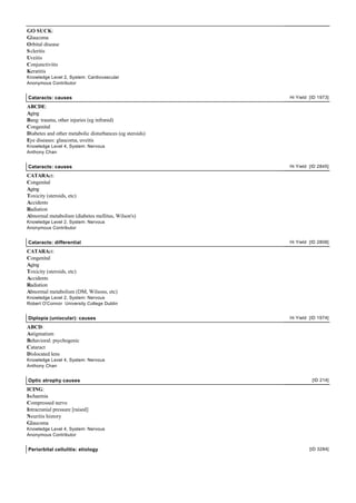 GO SUCK:
Glaucoma
Orbital disease
S cleritis
Uveitis
Conjunctivitis
Keratitis
Knowledge Level 2, System: Cardiovascular
Anonymous Contributor


Cataracts: causes                                         Hi Yield [ID 1973]

ABCDE:
Aging
Bang: trauma, other injuries (eg infrared)
Congenital
Diabetes and other metabolic disturbances (eg steroids)
Eye diseases: glaucoma, uveitis
Knowledge Level 4, System: Nervous
Anthony Chan


Cataracts: causes                                         Hi Yield [ID 2845]

CATARAct:
Congenital
Aging
Toxicity (steroids, etc)
Accidents
Radiation
Abnormal metabolism (diabetes mellitus, Wilson's)
Knowledge Level 2, System: Nervous
Anonymous Contributor


Cataracts: differential                                   Hi Yield [ID 2808]

CATARAct:
Congenital
Aging
Toxicity (steroids, etc)
Accidents
Radiation
Abnormal metabolism (DM, Wilsons, etc)
Knowledge Level 2, System: Nervous
Robert O'Connor University College Dublin


Diplopia (uniocular): causes                              Hi Yield [ID 1974]

ABCD:
Astigmatism
Behavioral: psychogenic
Cataract
Dislocated lens
Knowledge Level 4, System: Nervous
Anthony Chan


Optic atrophy causes                                                [ID 214]

ICING:
Ischaemia
Compressed nerve
Intracranial pressure [raised]
Neuritis history
Glaucoma
Knowledge Level 4, System: Nervous
Anonymous Contributor


Periorbital cellulitis: etiology                                   [ID 3284]
 