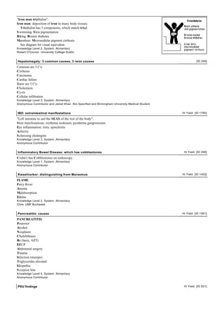 "Iron man triathalon":
Iron man: deposition of iron in many body tissues.
  Triathalon has 3 components, which match triad:
S wimming: S kin pigmentation
Biking: Bronze diabetes
Marathon: Micronodular pigment cirrhosis
  See diagram for visual equivalent.
Knowledge Level 2, System: Alimentary
Robert O'Connor University College Dublin


Hepatomegaly: 3 common causes, 3 rarer causes                                                            [ID 206]

Common are 3 C's:
Cirrhosis
Carcinoma
Cardiac failure
Rarer are 3 C's:
Cholestasis
Cysts
Cellular infiltration
Knowledge Level 3, System: Alimentary
Anonymous Contributor and Jamal Khan Not Specified and Birmingham University Medical Student


IBD: extraintestinal manifestations                                                            Hi Yield [ID 1780]

"Left intestine to sail the SEAS of the rest of the body":
S kin manifestations: erythema nodosum, pyoderma gangrenosum
Eye inflammation: iritis, episcleritis
Arthritis
S clerosing cholangitis
Knowledge Level 3, System: Alimentary
Anonymous Contributor


Inflammatory Bowel Disease: which has cobblestones                                              Hi Yield [ID 286]

Crohn's has Cobblestones on endoscopy.
Knowledge Level 1, System: Alimentary
Anonymous Contributor


Kwashiorkor: distinguishing from Marasmus                                                      Hi Yield [ID 1402]

FLAME:
Fatty Liver
Anemia
Malabsorption
Edema
Knowledge Level 2, System: Alimentary
Chris UMF Bucharest


Pancreatitis: causes                                                                           Hi Yield [ID 1561]

PANCREATITIS:
Posterior
Alcohol
Neoplasm
Cholelithiasis
Rx (lasix, AZT)
ERCP
Abdominal surgery
Trauma
Infection (mumps)
Triglycerides elevated
Idiopathic
S corpion bite
Knowledge Level 4, System: Alimentary
Anonymous Contributor


PKU findings                                                                                    Hi Yield [ID 821]
 