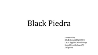 Black Piedra
Presented by
A.R. Deborah (BP211501)
I M.Sc. Applied Microbiology
Sacred Heart College (A)
Tirupattur
 