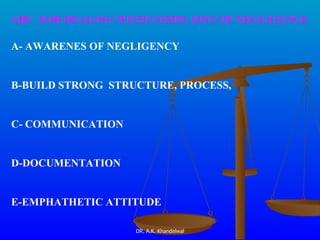 A- AWARENES OF NEGLIGENCY B-BUILD STRONG  STRUCTURE, PROCESS, C- COMMUNICATION D-DOCUMENTATION E-EMPHATHETIC ATTITUDE ABC  FOR DEALING WITH COMPLAINT OF NEGLIGENCE 