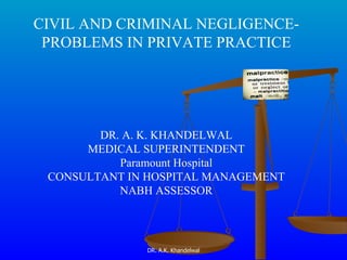 CIVIL AND CRIMINAL NEGLIGENCE- PROBLEMS IN PRIVATE PRACTICE DR. A. K. KHANDELWAL MEDICAL SUPERINTENDENT Paramount Hospital CONSULTANT IN HOSPITAL MANAGEMENT NABH ASSESSOR 