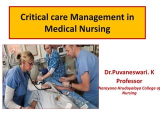 Critical care Management in
Medical Nursing
Dr.Puvaneswari. K
Professor
Narayana Hrudayalaya College of
Nursing
 