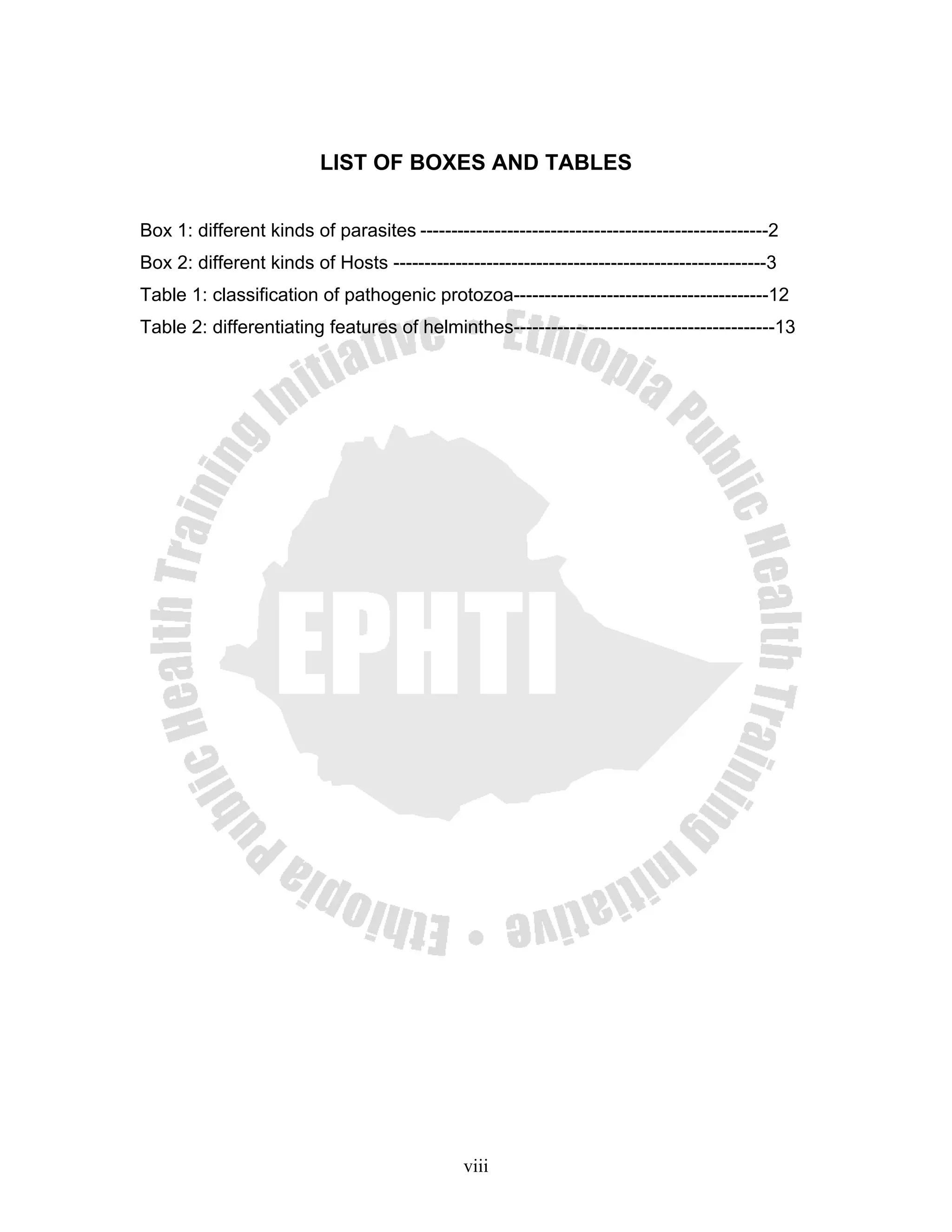 LIST OF BOXES AND TABLES


Box 1: different kinds of parasites --------------------------------------------------------2
Box 2: different kinds of Hosts ------------------------------------------------------------3
Table 1: classification of pathogenic protozoa-----------------------------------------12
Table 2: differentiating features of helminthes------------------------------------------13




                                               viii
 