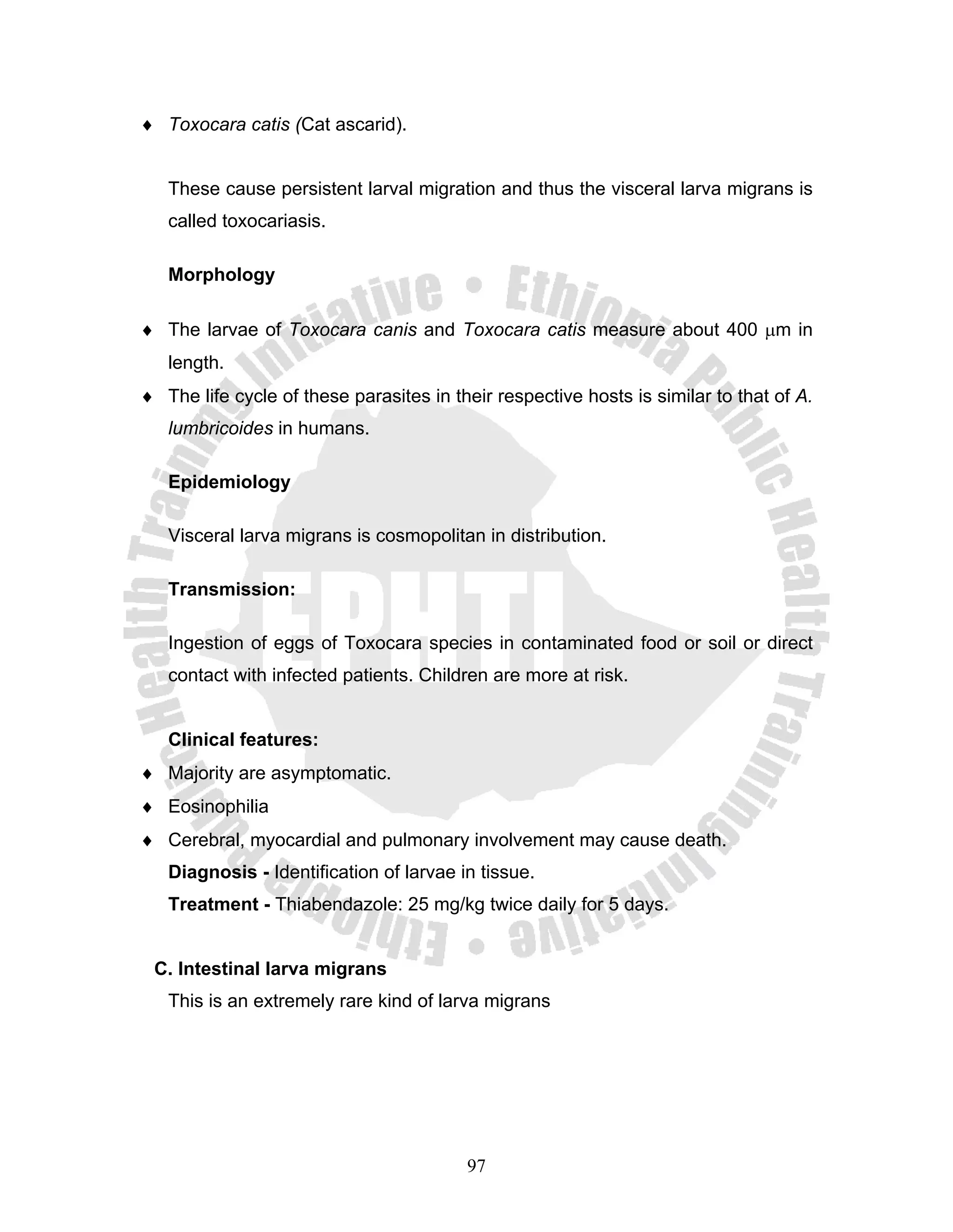 ♦ Toxocara catis (Cat ascarid).


   These cause persistent larval migration and thus the visceral larva migrans is
   called toxocariasis.

   Morphology

♦ The larvae of Toxocara canis and Toxocara catis measure about 400 μm in
   length.
♦ The life cycle of these parasites in their respective hosts is similar to that of A.
   lumbricoides in humans.

   Epidemiology

   Visceral larva migrans is cosmopolitan in distribution.

   Transmission:

   Ingestion of eggs of Toxocara species in contaminated food or soil or direct
   contact with infected patients. Children are more at risk.


   Clinical features:
♦ Majority are asymptomatic.
♦ Eosinophilia
♦ Cerebral, myocardial and pulmonary involvement may cause death.
   Diagnosis - Identification of larvae in tissue.
   Treatment - Thiabendazole: 25 mg/kg twice daily for 5 days.


 C. Intestinal larva migrans
   This is an extremely rare kind of larva migrans




                                         97
 