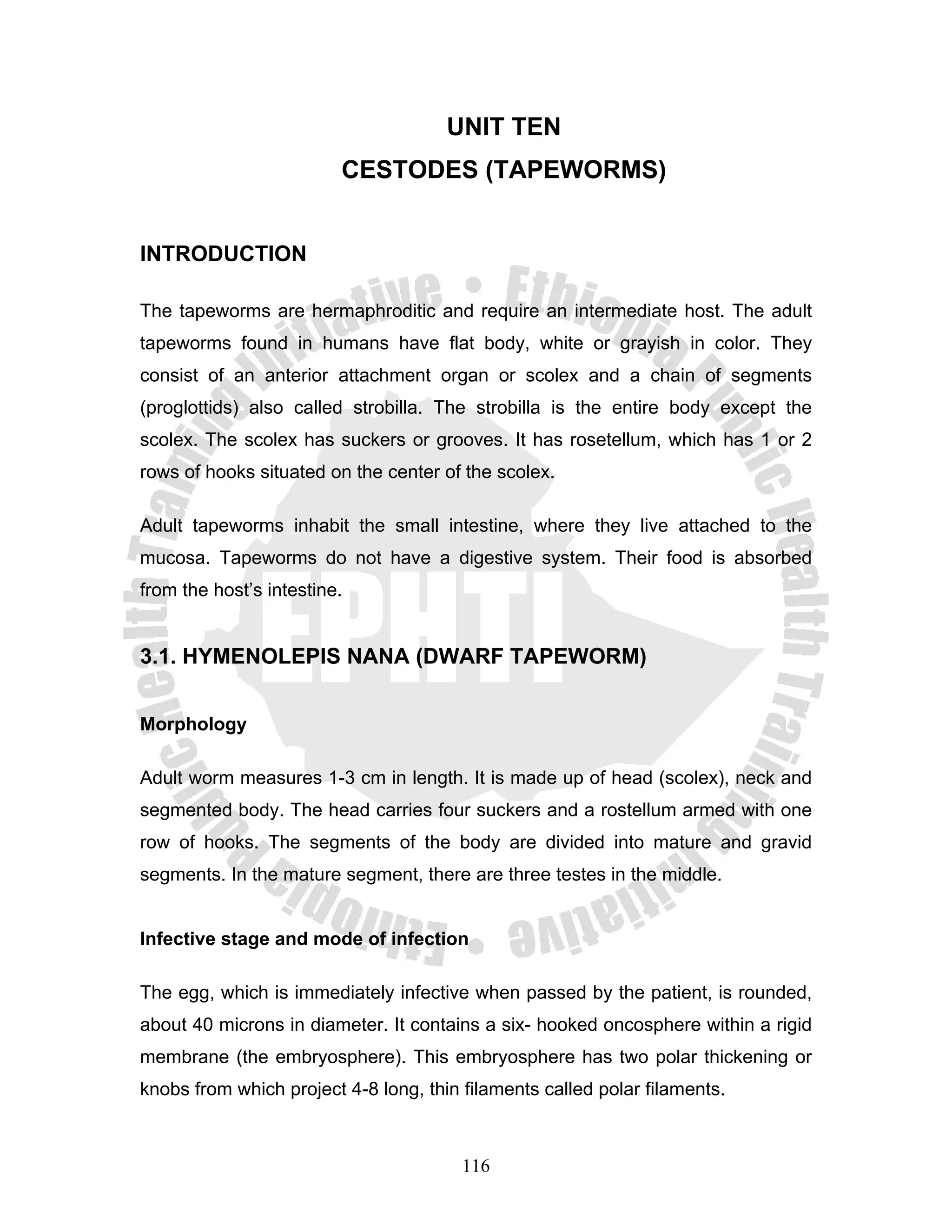 UNIT TEN
                         CESTODES (TAPEWORMS)


INTRODUCTION

The tapeworms are hermaphroditic and require an intermediate host. The adult
tapeworms found in humans have flat body, white or grayish in color. They
consist of an anterior attachment organ or scolex and a chain of segments
(proglottids) also called strobilla. The strobilla is the entire body except the
scolex. The scolex has suckers or grooves. It has rosetellum, which has 1 or 2
rows of hooks situated on the center of the scolex.

Adult tapeworms inhabit the small intestine, where they live attached to the
mucosa. Tapeworms do not have a digestive system. Their food is absorbed
from the host’s intestine.


3.1. HYMENOLEPIS NANA (DWARF TAPEWORM)


Morphology

Adult worm measures 1-3 cm in length. It is made up of head (scolex), neck and
segmented body. The head carries four suckers and a rostellum armed with one
row of hooks. The segments of the body are divided into mature and gravid
segments. In the mature segment, there are three testes in the middle.


Infective stage and mode of infection

The egg, which is immediately infective when passed by the patient, is rounded,
about 40 microns in diameter. It contains a six- hooked oncosphere within a rigid
membrane (the embryosphere). This embryosphere has two polar thickening or
knobs from which project 4-8 long, thin filaments called polar filaments.



                                        116
 