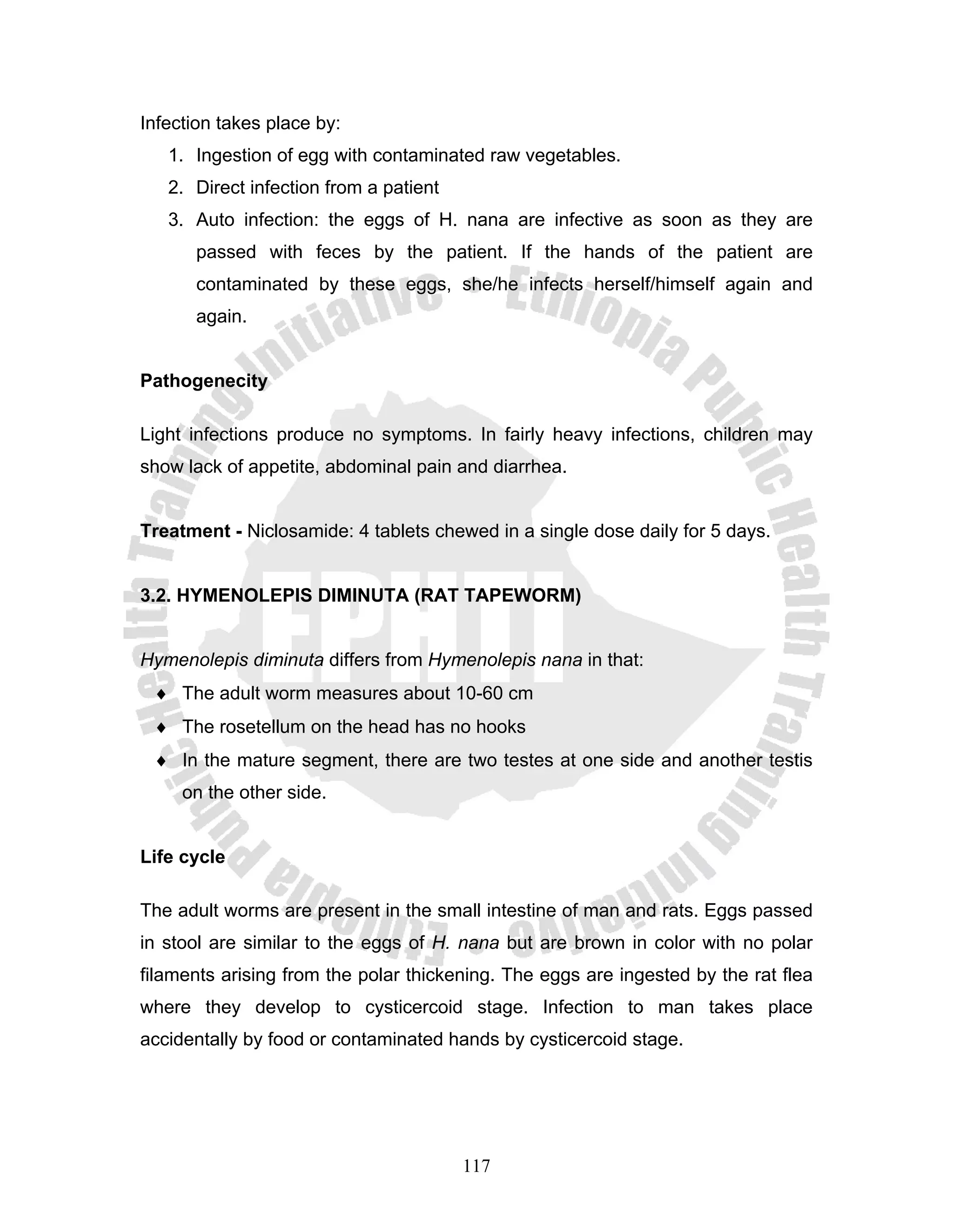 Infection takes place by:
   1. Ingestion of egg with contaminated raw vegetables.
   2. Direct infection from a patient
   3. Auto infection: the eggs of H. nana are infective as soon as they are
      passed with feces by the patient. If the hands of the patient are
      contaminated by these eggs, she/he infects herself/himself again and
      again.


Pathogenecity

Light infections produce no symptoms. In fairly heavy infections, children may
show lack of appetite, abdominal pain and diarrhea.


Treatment - Niclosamide: 4 tablets chewed in a single dose daily for 5 days.


3.2. HYMENOLEPIS DIMINUTA (RAT TAPEWORM)


Hymenolepis diminuta differs from Hymenolepis nana in that:
 ♦ The adult worm measures about 10-60 cm
 ♦ The rosetellum on the head has no hooks
 ♦ In the mature segment, there are two testes at one side and another testis
     on the other side.


Life cycle

The adult worms are present in the small intestine of man and rats. Eggs passed
in stool are similar to the eggs of H. nana but are brown in color with no polar
filaments arising from the polar thickening. The eggs are ingested by the rat flea
where they develop to cysticercoid stage. Infection to man takes place
accidentally by food or contaminated hands by cysticercoid stage.




                                        117
 