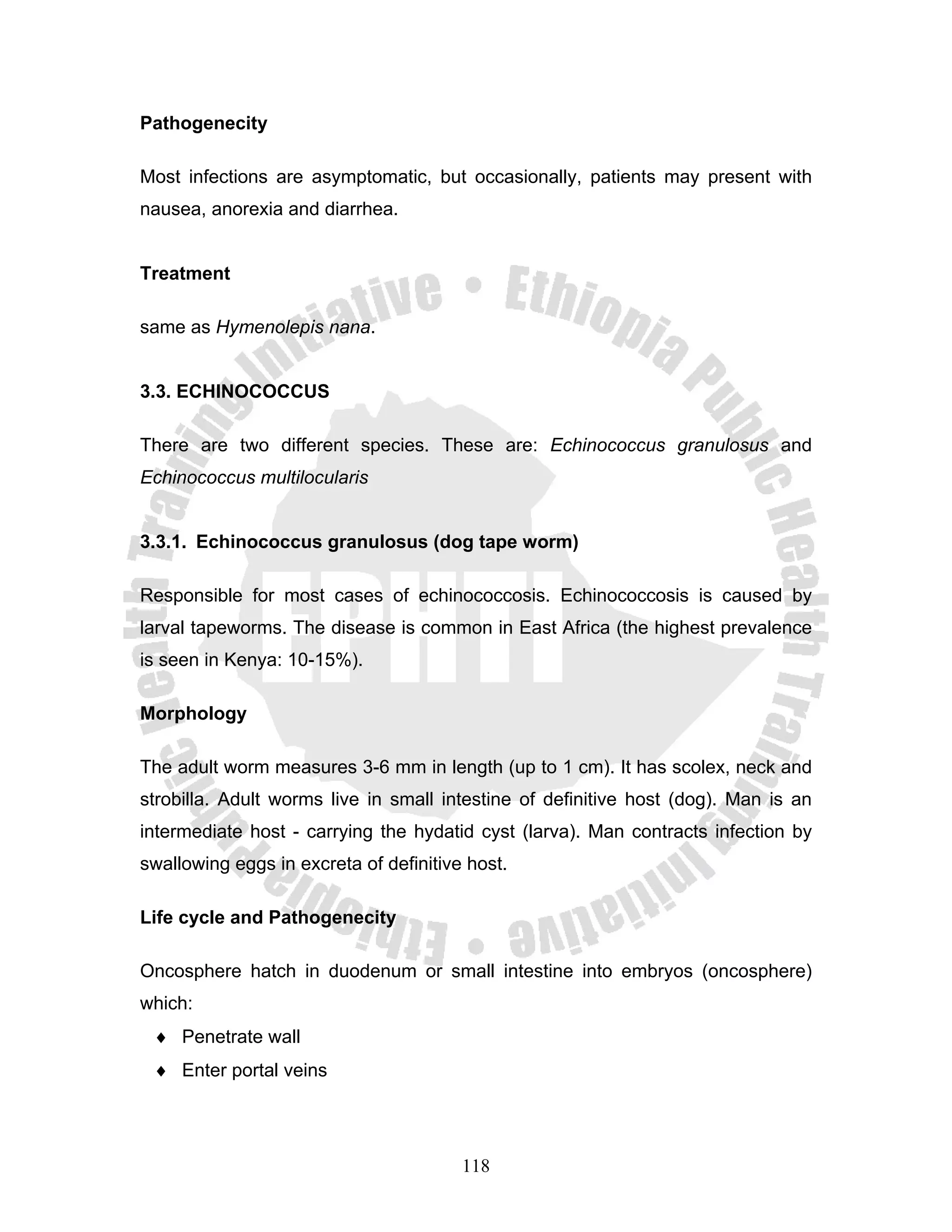 Pathogenecity

Most infections are asymptomatic, but occasionally, patients may present with
nausea, anorexia and diarrhea.


Treatment

same as Hymenolepis nana.


3.3. ECHINOCOCCUS

There are two different species. These are: Echinococcus granulosus and
Echinococcus multilocularis


3.3.1. Echinococcus granulosus (dog tape worm)

Responsible for most cases of echinococcosis. Echinococcosis is caused by
larval tapeworms. The disease is common in East Africa (the highest prevalence
is seen in Kenya: 10-15%).

Morphology

The adult worm measures 3-6 mm in length (up to 1 cm). It has scolex, neck and
strobilla. Adult worms live in small intestine of definitive host (dog). Man is an
intermediate host - carrying the hydatid cyst (larva). Man contracts infection by
swallowing eggs in excreta of definitive host.

Life cycle and Pathogenecity

Oncosphere hatch in duodenum or small intestine into embryos (oncosphere)
which:
 ♦ Penetrate wall
 ♦ Enter portal veins




                                        118
 