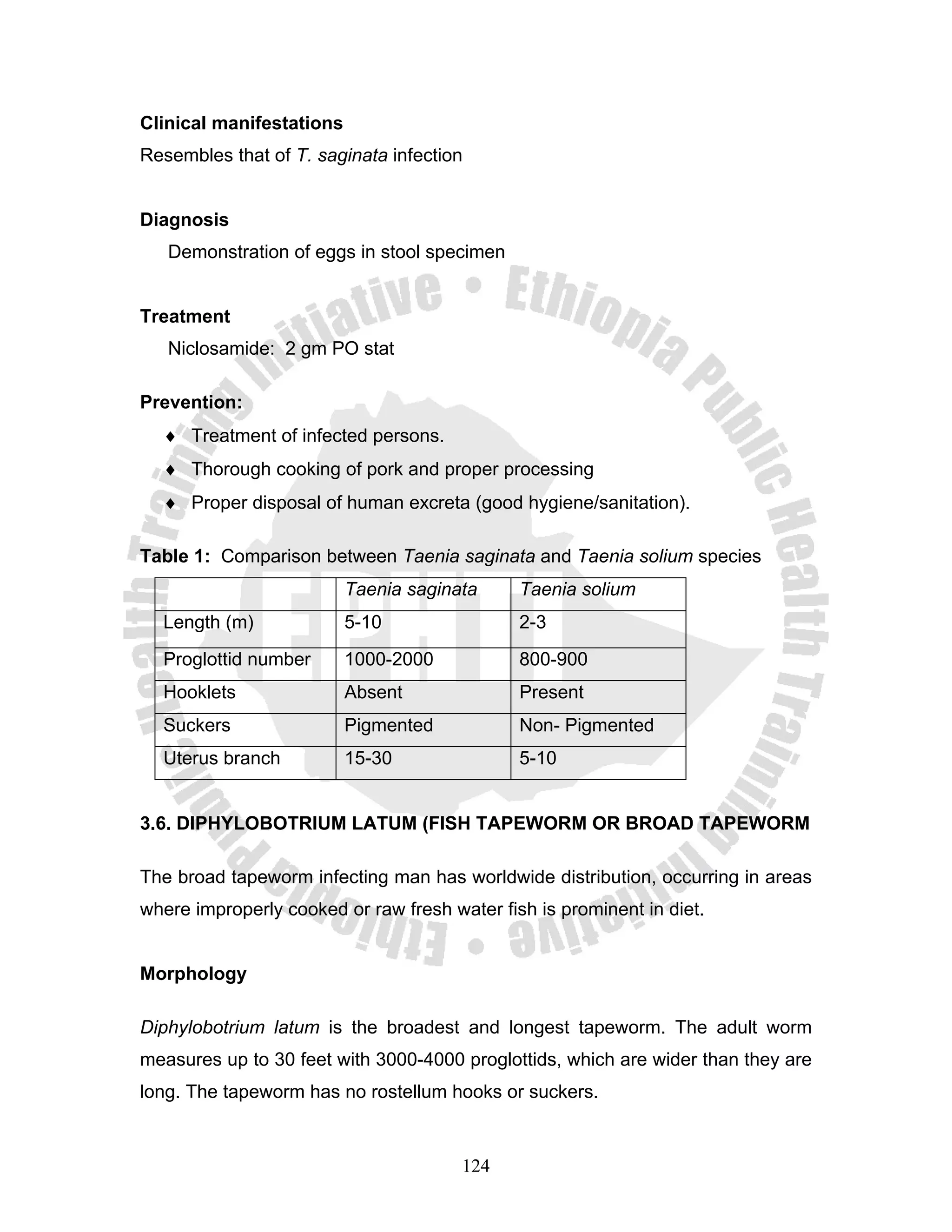 Clinical manifestations
Resembles that of T. saginata infection


Diagnosis
   Demonstration of eggs in stool specimen


Treatment
   Niclosamide: 2 gm PO stat

Prevention:
  ♦ Treatment of infected persons.
  ♦ Thorough cooking of pork and proper processing
  ♦ Proper disposal of human excreta (good hygiene/sanitation).

Table 1: Comparison between Taenia saginata and Taenia solium species
                          Taenia saginata     Taenia solium
  Length (m)              5-10                2-3
  Proglottid number       1000-2000           800-900
  Hooklets                Absent              Present
  Suckers                 Pigmented           Non- Pigmented
  Uterus branch           15-30               5-10


3.6. DIPHYLOBOTRIUM LATUM (FISH TAPEWORM OR BROAD TAPEWORM

The broad tapeworm infecting man has worldwide distribution, occurring in areas
where improperly cooked or raw fresh water fish is prominent in diet.


Morphology

Diphylobotrium latum is the broadest and longest tapeworm. The adult worm
measures up to 30 feet with 3000-4000 proglottids, which are wider than they are
long. The tapeworm has no rostellum hooks or suckers.


                                       124
 