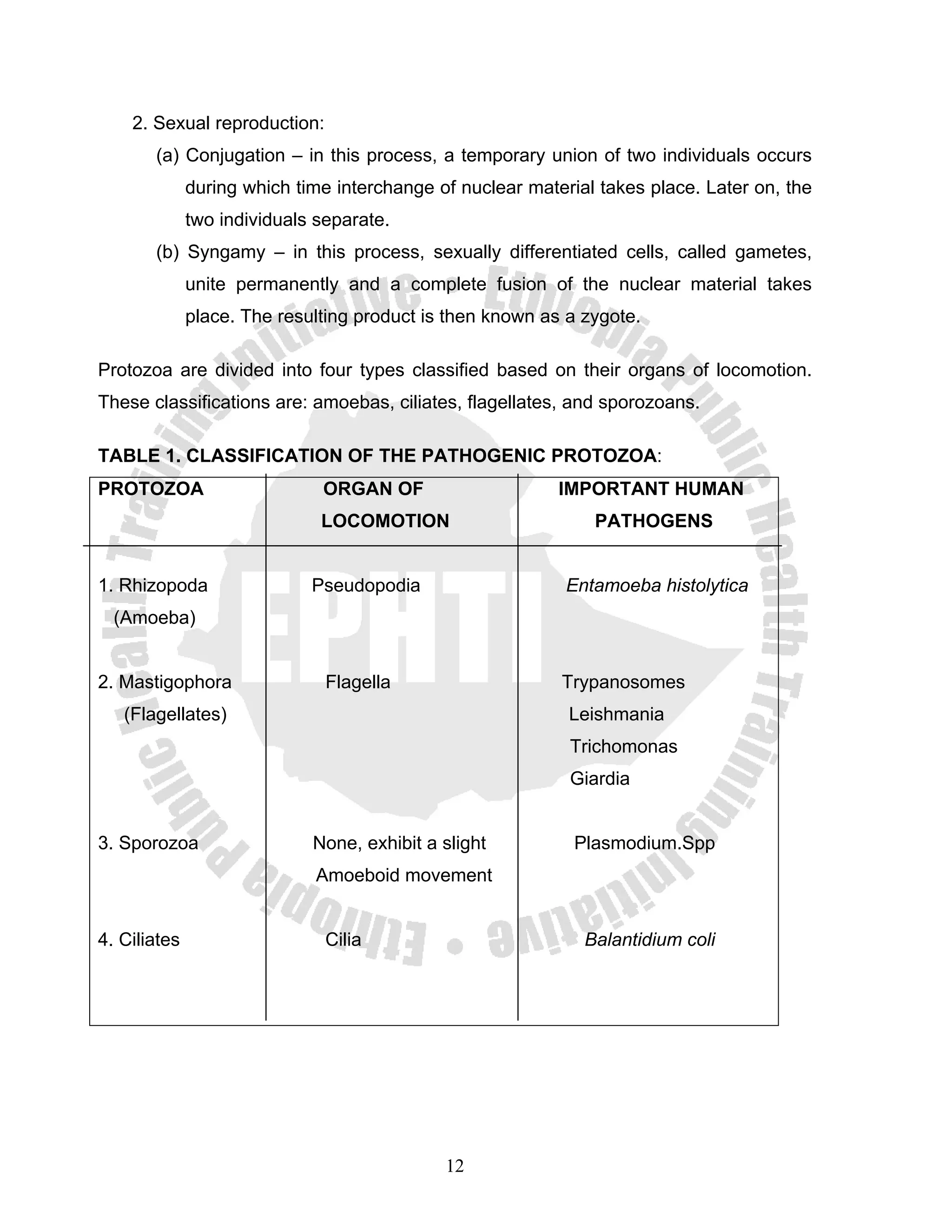 2. Sexual reproduction:
       (a) Conjugation – in this process, a temporary union of two individuals occurs
              during which time interchange of nuclear material takes place. Later on, the
              two individuals separate.
       (b) Syngamy – in this process, sexually differentiated cells, called gametes,
              unite permanently and a complete fusion of the nuclear material takes
              place. The resulting product is then known as a zygote.

Protozoa are divided into four types classified based on their organs of locomotion.
These classifications are: amoebas, ciliates, flagellates, and sporozoans.

TABLE 1. CLASSIFICATION OF THE PATHOGENIC PROTOZOA:
PROTOZOA                      ORGAN OF                     IMPORTANT HUMAN
                              LOCOMOTION                       PATHOGENS


1. Rhizopoda                 Pseudopodia                    Entamoeba histolytica
  (Amoeba)


2. Mastigophora                Flagella                    Trypanosomes
   (Flagellates)                                            Leishmania
                                                            Trichomonas
                                                            Giardia


3. Sporozoa                  None, exhibit a slight          Plasmodium.Spp
                             Amoeboid movement


4. Ciliates                    Cilia                          Balantidium coli




                                             12
 
