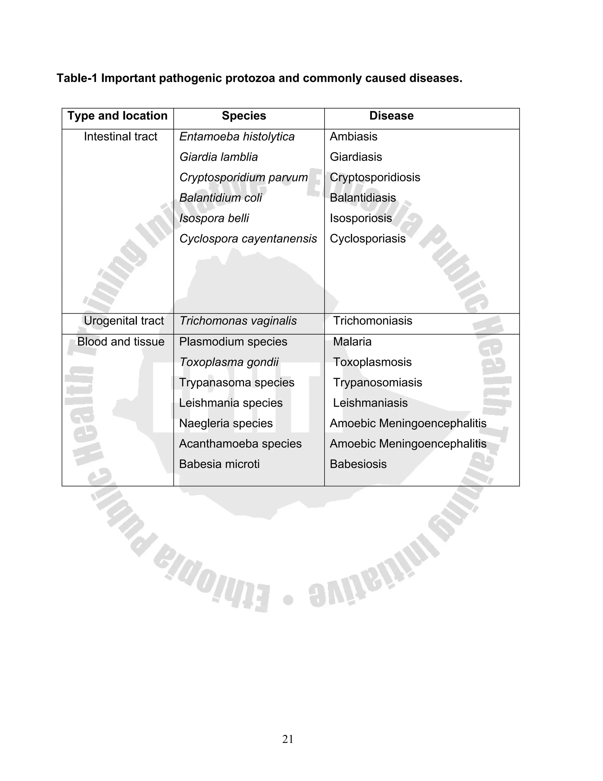 Table-1 Important pathogenic protozoa and commonly caused diseases.


 Type and location             Species                   Disease
    Intestinal tract   Entamoeba histolytica      Ambiasis
                       Giardia lamblia            Giardiasis
                       Cryptosporidium parvum     Cryptosporidiosis
                       Balantidium coli           Balantidiasis
                       Isospora belli             Isosporiosis
                       Cyclospora cayentanensis   Cyclosporiasis




    Urogenital tract   Trichomonas vaginalis      Trichomoniasis
   Blood and tissue    Plasmodium species         Malaria
                       Toxoplasma gondii          Toxoplasmosis
                       Trypanasoma species        Trypanosomiasis
                       Leishmania species         Leishmaniasis
                       Naegleria species          Amoebic Meningoencephalitis
                       Acanthamoeba species       Amoebic Meningoencephalitis
                       Babesia microti            Babesiosis




                                           21
 