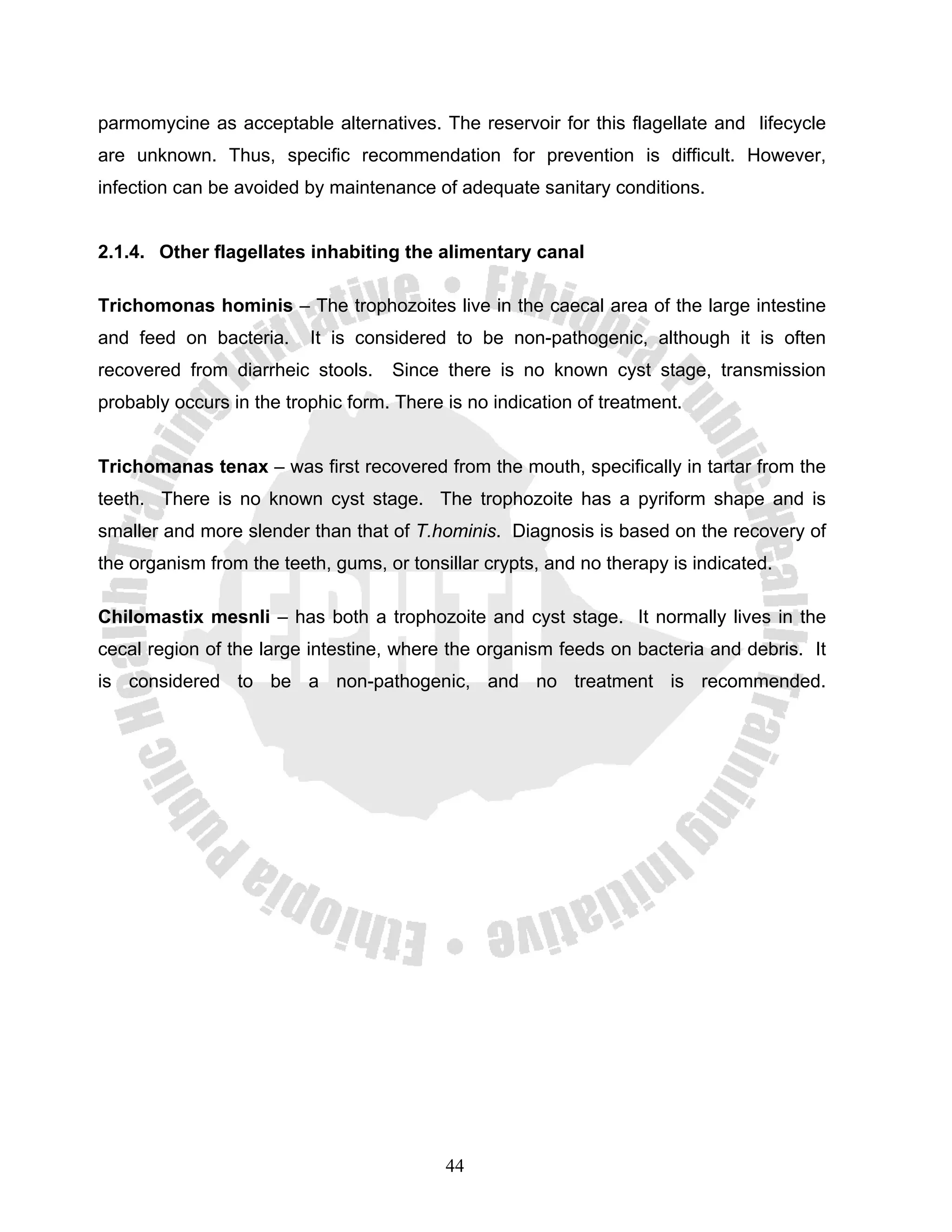 parmomycine as acceptable alternatives. The reservoir for this flagellate and lifecycle
are unknown. Thus, specific recommendation for prevention is difficult. However,
infection can be avoided by maintenance of adequate sanitary conditions.


2.1.4. Other flagellates inhabiting the alimentary canal

Trichomonas hominis – The trophozoites live in the caecal area of the large intestine
and feed on bacteria.     It is considered to be non-pathogenic, although it is often
recovered from diarrheic stools.    Since there is no known cyst stage, transmission
probably occurs in the trophic form. There is no indication of treatment.


Trichomanas tenax – was first recovered from the mouth, specifically in tartar from the
teeth. There is no known cyst stage. The trophozoite has a pyriform shape and is
smaller and more slender than that of T.hominis. Diagnosis is based on the recovery of
the organism from the teeth, gums, or tonsillar crypts, and no therapy is indicated.

Chilomastix mesnli – has both a trophozoite and cyst stage. It normally lives in the
cecal region of the large intestine, where the organism feeds on bacteria and debris. It
is considered to be a non-pathogenic, and no treatment is recommended.




                                           44
 