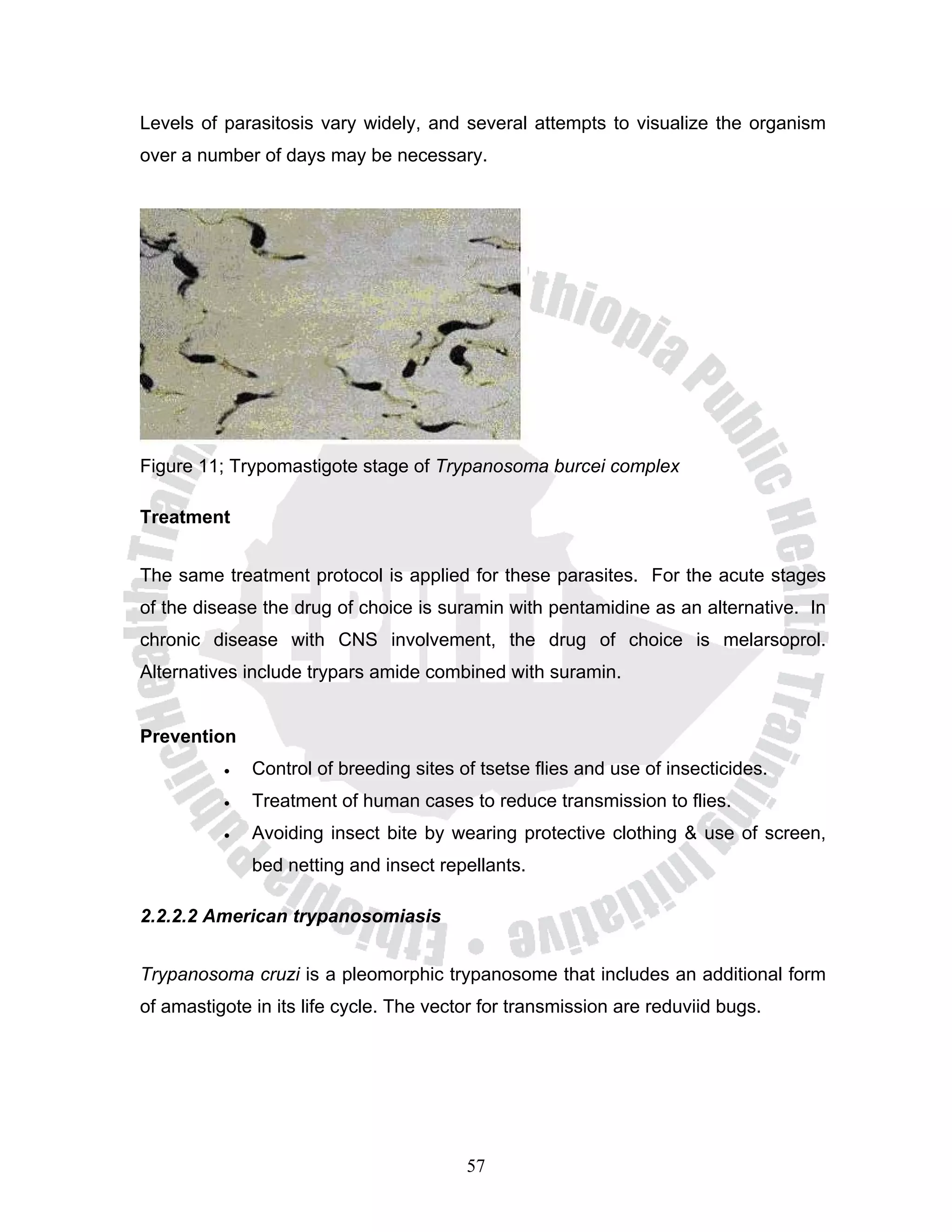 Levels of parasitosis vary widely, and several attempts to visualize the organism
over a number of days may be necessary.




Figure 11; Trypomastigote stage of Trypanosoma burcei complex

Treatment


The same treatment protocol is applied for these parasites. For the acute stages
of the disease the drug of choice is suramin with pentamidine as an alternative. In
chronic disease with CNS involvement, the drug of choice is melarsoprol.
Alternatives include trypars amide combined with suramin.


Prevention
          •   Control of breeding sites of tsetse flies and use of insecticides.
          •   Treatment of human cases to reduce transmission to flies.
          •   Avoiding insect bite by wearing protective clothing & use of screen,
              bed netting and insect repellants.

2.2.2.2 American trypanosomiasis


Trypanosoma cruzi is a pleomorphic trypanosome that includes an additional form
of amastigote in its life cycle. The vector for transmission are reduviid bugs.




                                         57
 
