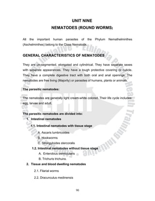 UNIT NINE
                            NEMATODES (ROUND WORMS)

All     the     important   human      parasites    of   the   Phylum   Nemathelminthes
(Aschelminthes) belong to the Class Nematoda.


GENERAL CHARACTERISTICS OF NEMATODES

They are un-segmented, elongated and cylindrical. They have separate sexes
with separate appearances. They have a tough protective covering or cuticle.
They have a complete digestive tract with both oral and anal openings. The
nematodes are free living (Majority) or parasites of humans, plants or animals.

The parasitic nematodes:

The nematodes are generally light cream-white colored. Their life cycle includes:
egg, larvae and adult.


The parasitic nematodes are divided into:
      1. Intestinal nematodes

        1.1. Intestinal nematodes with tissue stage

                A. Ascaris lumbricoides
                B. Hookworms
                C. Strongyloides stercoralis
         1.2. Intestinal nematodes without tissue stage
                 A. Enterobius vermicularis
                 B. Trichuris trichuira.
      2. Tissue and blood dwelling nematodes

              2.1. Filarial worms

              2.2. Dracunculus medinensis



                                               90
 