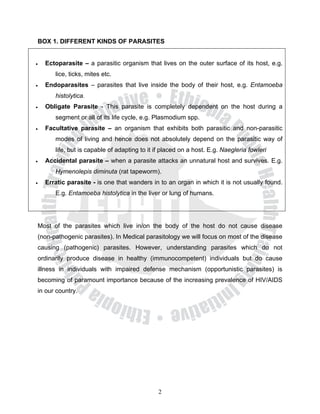 BOX 1. DIFFERENT KINDS OF PARASITES


•   Ectoparasite – a parasitic organism that lives on the outer surface of its host, e.g.
       lice, ticks, mites etc.
•   Endoparasites – parasites that live inside the body of their host, e.g. Entamoeba
       histolytica.
•   Obligate Parasite - This parasite is completely dependent on the host during a
       segment or all of its life cycle, e.g. Plasmodium spp.
•   Facultative parasite – an organism that exhibits both parasitic and non-parasitic
       modes of living and hence does not absolutely depend on the parasitic way of
       life, but is capable of adapting to it if placed on a host. E.g. Naegleria fowleri
•   Accidental parasite – when a parasite attacks an unnatural host and survives. E.g.
       Hymenolepis diminuta (rat tapeworm).
•   Erratic parasite - is one that wanders in to an organ in which it is not usually found.
       E.g. Entamoeba histolytica in the liver or lung of humans.




Most of the parasites which live in/on the body of the host do not cause disease
(non-pathogenic parasites). In Medical parasitology we will focus on most of the disease
causing (pathogenic) parasites. However, understanding parasites which do not
ordinarily produce disease in healthy (immunocompetent) individuals but do cause
illness in individuals with impaired defense mechanism (opportunistic parasites) is
becoming of paramount importance because of the increasing prevalence of HIV/AIDS
in our country.




                                               2
 