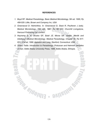 REFERENCES


1. Boyd RF. Medical Parasitology. Basic Medical Microbiology, 5th ed. 1995; Pp
   499-529. Little, Brown and Company Inc, USA
2. Greenwood D. Helminthes. In: Greenwood D, Slack R, Peutherer J (eds).
   Medical Microbiology; 15th edn, 1997; Pp 587-602, Churchill Livingstone,
   Harcourt Publishing Ltd, London.
3. Heynema D. In: Brooks GF, Butel JS, Morse SA. Jawetz, Menlik and
   Adelberg's Medical Microbiology. Medical Parasitology, Chapter 46; Pp 617-
   651; 21st ed, 1998. Appleton and Lang, Stanford, Connecticut, USA.
4. Shibru Tedla. Introduction to Parasitology: Protozoan and Helminth parasites
   of man. Addis Ababa University Press, 1986, Addis Ababa, Ethiopia.




                                      126
 