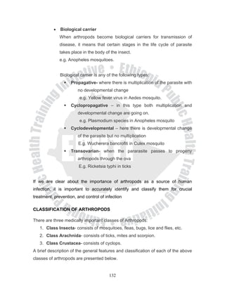 •   Biological carrier
              When arthropods become biological carriers for transmission of
              disease, it means that certain stages in the life cycle of parasite
              takes place in the body of the insect.
              e.g. Anopheles mosquitoes.


              Biological carrier is any of the following types:
                    Propagative- where there is multiplication of the parasite with
                       no developmental change
                        e.g. Yellow fever virus in Aedes mosquito.
                    Cyclopropagative – in this type both multiplication and
                       developmental change are going on.
                        e.g. Plasmodium species in Anopheles mosquito
                    Cyclodevelopmental – here there is developmental change
                       of the parasite but no multiplication
                        E.g. Wucherera bancrofiti in Culex mosquito
                    Transovarian- when the pararasite passes to progeny
                       arthropods through the ova
                        E.g. Ricketsia typhi in ticks


If we are clear about the importance of arthropods as a source of human
infection, it is important to accurately identify and classify them for crucial
treatment, prevention, and control of infection

CLASSIFICATION OF ARTHROPODS

There are three medically important classes of Arthropods:
   1. Class Insecta- consists of mosquitoes, fleas, bugs, lice and flies, etc.
   2. Class Arachnida- consists of ticks, mites and scorpion.
   3. Class Crustacea- consists of cyclops.
A brief description of the general features and classification of each of the above
classes of arthropods are presented below.


                                         132
 