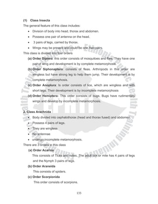(1)       Class Insecta
The general feature of this class includes:
      •    Division of body into head, thorax and abdomen.
      •    Possess one pair of antenna on the head.
      •     3 pairs of legs, carried by thorax.
      •    Wings may be present and could be one /two pairs.
This class is divided into four orders
      (a) Order Diptera: this order consists of mosquitoes and flies. They have one
           pair of wing and development is by complete metamorphosis.
      (b) Order Siphonaptera: consists of fleas. Arthropods in this order are
           wingless but have strong leg to help them jump. Their development is by
           complete metamorphosis.
      (c) Order Anoplura: Is order consists of lice, which are wingless and with
           short legs. Their development is by incomplete metamorphosis
      (d) Order Hemiptera- This order consists of bugs. Bugs have rudimentary
           wings and develop by incomplete metamorphosis.


2. Class Arachnida
      •    Body divided into cephalothorax (head and thorax fused) and abdomen.
      •    Possess 4 pairs of legs.
      •    They are wingless
      •    No antennae
      • undergo incomplete metamorphosis.
There are 3 orders in this class
      (a) Order Acarina
           This consists of Ticks and mites. The adult tick or mite has 4 pairs of legs
           and the Nymph 3 pairs of legs.
      (b) Order Araneida
           This consists of spiders.
      (c) Order Scorpionida
            This order consists of scorpions.


                                             133
 