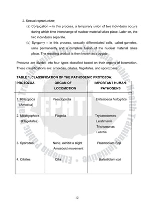 2. Sexual reproduction:
       (a) Conjugation – in this process, a temporary union of two individuals occurs
              during which time interchange of nuclear material takes place. Later on, the
              two individuals separate.
       (b) Syngamy – in this process, sexually differentiated cells, called gametes,
              unite permanently and a complete fusion of the nuclear material takes
              place. The resulting product is then known as a zygote.

Protozoa are divided into four types classified based on their organs of locomotion.
These classifications are: amoebas, ciliates, flagellates, and sporozoans.

TABLE 1. CLASSIFICATION OF THE PATHOGENIC PROTOZOA:
PROTOZOA                      ORGAN OF                     IMPORTANT HUMAN
                              LOCOMOTION                       PATHOGENS


1. Rhizopoda                 Pseudopodia                    Entamoeba histolytica
  (Amoeba)


2. Mastigophora                Flagella                    Trypanosomes
   (Flagellates)                                            Leishmania
                                                            Trichomonas
                                                            Giardia


3. Sporozoa                  None, exhibit a slight          Plasmodium.Spp
                             Amoeboid movement


4. Ciliates                    Cilia                          Balantidium coli




                                             12
 