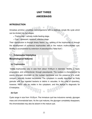 UNIT THREE
                                     AMOEBIASIS


INTRODUCTION

Amoebas primitive unicellular microorganisms with a relatively simple life cycle which
can be divided into two stages:
     •   Trophozoite – actively motile feeding stage.
     •   Cyst – quiescent, resistant, infective stage.
Their reproduction is through binary fission, e.g. splitting of the trophozoite or through
the development of numerous trophozoites with in the mature multinucleated cyst.
Motility is accomplished by extension of pseudopodia (“false foot”)


1.1. Entamoeba histolytica
Morphological features

 (a) Trophozoites

Viable trophozoites vary in size from about 10-60μm in diameter. Motility is rapid,
progressive, and unidirectional, through pseudopods. The nucleus is characterized by
evenly arranged chromatin on the nuclear membrane and the presence of a small,
compact, centrally located karyosome. The cytoplasm is usually described as finely
granular with few ingested bacteria or debris in vacuoles. In the case of dysentery,
however, RBCs may be visible in the cytoplasm, and this feature is diagnostic for
E.histolytica.

 (b) Cyst

Cysts range in size from 10-20μm. The immature cyst has inclusions namely; glycogen
mass and chromatoidal bars. As the cyst matures, the glycogen completely disappears;
the chromotiodials may also be absent in the mature cyst.



                                              22
 