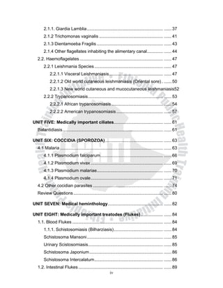 2.1.1. Giardia Lamblia .............................................................. ...... 37
       2.1.2 Trichomonas vaginalis .................................................... ...... 41
       2.1.3 Dientamoeba Fragilis ...................................................... ...... 43
       2.1.4 Other flagellates inhabiting the alimentary canal ............. ...... 44
   2.2. Haemoflagelates .................................................................... ...... 47
       2.2.1 Leishmania Species ........................................................ ...... 47
            2.2.1.1 Visceral Leishmaniasis ............................................ ...... 47
            2.2.1.2 Old world cutaneous leishmaniasis (Oriental sore) . ...... 50
            2.2.1.3 New world cutaneous and mucocutaneous leishmaniasis52
       2.2.2 Trypanosomiasis ............................................................. ...... 53
            2.2.2.1 African trypanosomiasis .......................................... ...... 54
            2.2.2.2 American trypanosomiasis ...................................... ...... 57

UNIT FIVE: Medically important ciliates........................................ ...... 61
   Balantidiasis .................................................................................. ...... 61

UNIT SIX: COCCIDIA (SPOROZOA) ............................................... ...... 63
   4.1 Malaria .................................................................................... ...... 63
       4.1.1 Plasmodium falciparum ................................................... ...... 66
       4.1.2 Plasmodium vivax ........................................................... ...... 69
       4.1.3 Plasmodium malariae...................................................... ...... 70
       4.1.4 Plasmodium ovale ........................................................... ...... 71
   4.2 Other cocidian parasites ......................................................... ...... 74
   Review Questions ......................................................................... ...... 80

UNIT SEVEN: Medical heminthology............................................. ...... 82

UNIT EIGHT: Medically important treatodes (Flukes) .................. ...... 84
   1.1. Blood Flukes .......................................................................... ...... 84
       1.1.1. Schistosomiasis (Bilharziasis) ........................................ ...... 84
       Schistosoma Mansoni .............................................................. ...... 85
       Urinary Scistosomiasis ............................................................. ...... 85
       Schistosoma Japonium ............................................................ ...... 86
       Schistosoma Intercalatum ........................................................ ...... 86
   1.2. Intestinal Flukes ..................................................................... ...... 89
                                                    iv
 