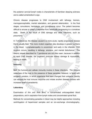 the posterior cervical lymph nodes is characteristic of Gambian sleeping sickness
and is called winterbottom’s sign.

Chronic disease progresses to CNS involvement with lethargy, tremors,
meningoencephalitis, mental retardation, and general deterioration. In the final
stages, convulsions, hemiplegia, and incontinence occur. The patient becomes
difficult to arouse or obtain a response from, eventually progressing to a comatose
state.   Death is the result of CNS damage and other infections, such as
pneumonia.

In T.rhodesiense, the disease caused is a more acute, rapidly progressive disease
that is usually fatal. This more virulent organism also develops in greater numbers
in the blood. Lymphadenopathy is uncommon, and early in the infection, CNS
invasion occurs, resulting in lethargy, anorexia, and mental disturbance.         The
chronic stages described for T.gambiense are not often seen, because in addition
to rapid CNS disease, the organism produces kidney damage & myocarditis,
leading to death.

Immunity


Both the humoral and cellular immunity involve in these infections. The immune
responses of the host to the presence of these parasites, however, is faced with
antigenic variation, in which organisms that have changed their antigenic identity
can escape the host immune response and initiate another disease process with
increased level of parasitemia.

Laboratory

Examination of thin and thick films, in concentrated anticoagulated blood
preparations, and in aspiration from lymph nodes and concentrated spinal fluid.
Methods for concentrating parasites in blood may be helpful approaches including
centrifugation of heparinized samples and an ion–exchange chromatography.




                                       56
 