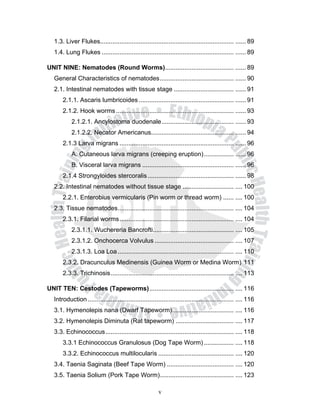 1.3. Liver Flukes............................................................................ ...... 89
  1.4. Lung Flukes ........................................................................... ...... 89

UNIT NINE: Nematodes (Round Worms) ....................................... ...... 89
  General Characteristics of nematodes .......................................... ...... 90
  2.1. Intestinal nematodes with tissue stage .................................. ...... 91
      2.1.1. Ascaris lumbricoides ...................................................... ...... 91
      2.1.2. Hook worms ................................................................... ...... 93
           2.1.2.1. Ancylostoma duodenale ......................................... ...... 93
           2.1.2.2. Necator Americanus............................................... ...... 94
      2.1.3 Larva migrans ................................................................. ...... 96
           A. Cutaneous larva migrans (creeping eruption) ................. ...... 96
           B. Visceral larva migrans .................................................... ...... 96
      2.1.4 Strongyloides stercoralis ................................................. ...... 98
  2.2. Intestinal nematodes without tissue stage ............................. .... 100
      2.2.1. Enterobius vermicularis (Pin worm or thread worm) ...... .... 100
  2.3. Tissue nematodes .................................................................. .... 104
      2.3.1. Filarial worms ................................................................. .... 104
           2.3.1.1. Wuchereria Bancrofti.............................................. .... 105
           2.3.1.2. Onchocerca Volvulus ............................................. .... 107
           2.3.1.3. Loa Loa .................................................................. .... 110
      2.3.2. Dracunculus Medinensis (Guinea Worm or Medina Worm) 111
      2.3.3. Trichinosis ...................................................................... .... 113

UNIT TEN: Cestodes (Tapeworms) ................................................ .... 116
  Introduction ................................................................................... .... 116
  3.1. Hymenolepis nana (Dwarf Tapeworm) ................................... .... 116
  3.2. Hymenolepis Diminuta (Rat tapeworm) ................................. .... 117
  3.3. Echinococcus ......................................................................... .... 118
      3.3.1 Echinococcus Granulosus (Dog Tape Worm) ................. .... 118
      3.3.2. Echinococcus multilocularis ........................................... .... 120
  3.4. Taenia Saginata (Beef Tape Worm) ...................................... .... 120
  3.5. Taenia Solium (Pork Tape Worm) .......................................... .... 123

                                                        v
 