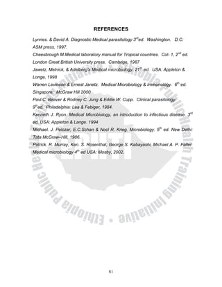 REFERENCES

Lynnes. & David A. Diagnostic Medical parasitology 3rded. Washington. D.C:
ASM press, 1997.
Cheesbrough M.Medical laboratory manual for Tropical countries. Col- 1, 2nd ed.
London Great British University press. Cambrige, 1987
Jawetz, Melnick, & Adelberg’s Medical microbiology. 21th ed. USA: Appleton &
Longe, 1998
Warren Levinson & Ernest Janetz. Medical Microbiology & Immunology. 6th ed.
Singapore: McGraw Hill 2000
Pavl C. Beaver & Rodney C. Jung & Eddie W. Cupp. Clinical parasitology.
9thed. Philadelphia: Lea & Febiger, 1984.
Kenneth J. Ryon. Medical Microbiology, an introduction to infectious disease. 3rd
ed. USA: Appleton & Lange. 1994
Michael. J. Pelczar, E.C.Schan & Nocl R. Krieg. Microbiology. 5th ed. New Delhi:
Tata McGraw–Hill, 1986.
Patrick. R. Murray, Ken. S. Rosenthal, George S. Kabayashi, Michael A. P. Faller.
Medical microbiology 4th ed USA: Mosby, 2002.




                                      81
 