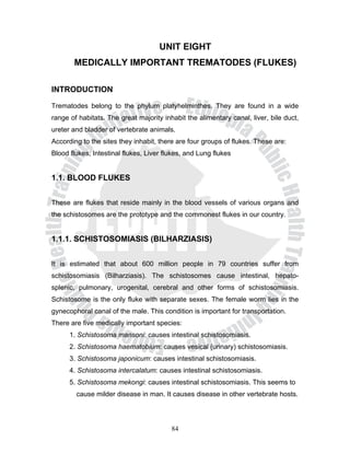 UNIT EIGHT
       MEDICALLY IMPORTANT TREMATODES (FLUKES)

INTRODUCTION

Trematodes belong to the phylum platyhelminthes. They are found in a wide
range of habitats. The great majority inhabit the alimentary canal, liver, bile duct,
ureter and bladder of vertebrate animals.
According to the sites they inhabit, there are four groups of flukes. These are:
Blood flukes, Intestinal flukes, Liver flukes, and Lung flukes


1.1. BLOOD FLUKES


These are flukes that reside mainly in the blood vessels of various organs and
the schistosomes are the prototype and the commonest flukes in our country.


1.1.1. SCHISTOSOMIASIS (BILHARZIASIS)


It is estimated that about 600 million people in 79 countries suffer from
schistosomiasis (Bilharziasis). The schistosomes cause intestinal, hepato-
splenic, pulmonary, urogenital, cerebral and other forms of schistosomiasis.
Schistosome is the only fluke with separate sexes. The female worm lies in the
gynecophoral canal of the male. This condition is important for transportation.
There are five medically important species:
      1. Schistosoma mansoni: causes intestinal schistosomiasis.
      2. Schistosoma haematobium: causes vesical (urinary) schistosomiasis.
      3. Schistosoma japonicum: causes intestinal schistosomiasis.
      4. Schistosoma intercalatum: causes intestinal schistosomiasis.
      5. Schistosoma mekongi: causes intestinal schistosomiasis. This seems to
        cause milder disease in man. It causes disease in other vertebrate hosts.




                                         84
 