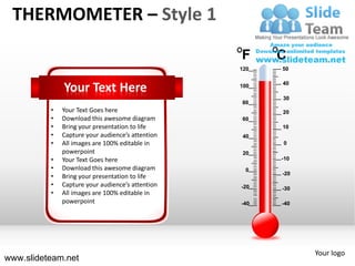 THERMOMETER – Style 1

                                                  120   50


              Your Text Here                      100   40

                                                        30
                                                  80
          •   Your Text Goes here                       20
          •   Download this awesome diagram       60
          •   Bring your presentation to life           10
          •   Capture your audience’s attention    40
          •   All images are 100% editable in           0
              powerpoint                           20
          •   Your Text Goes here                       -10
          •   Download this awesome diagram        0
                                                        -20
          •   Bring your presentation to life
          •   Capture your audience’s attention   -20   -30
          •   All images are 100% editable in
              powerpoint                          -40   -40




                                                              Your logo
www.slideteam.net
 
