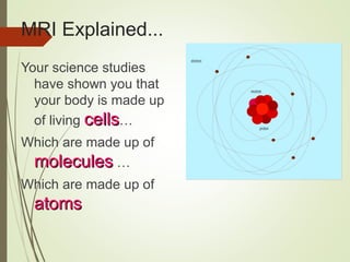 MRI Explained...
Your science studies
have shown you that
your body is made up
of living cellscells…
Which are made up of
moleculesmolecules …
Which are made up of
atomsatoms
electron
neutron
proton
 