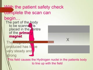 With the patient safety check
complete the scan can
begin…
The part of the body
to be scanned is
placed in the centre
of the primaryprimary
magnetmagnet
X
The magnet field
produced has to be
very steady and
strong
This field causes the Hydrogen nuclei in the patients body
to line up with the field
 