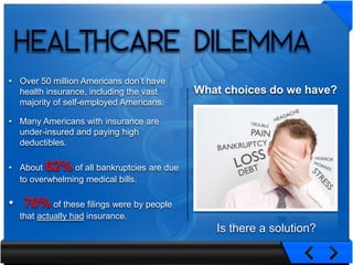 HEALTHCARE DILEMMA
• Over 50 million Americans don’t have
  health insurance, including the vast    What choices do we have?
  majority of self-employed Americans.

• Many Americans with insurance are
  under-insured and paying high
  deductibles.

• About 62% of all bankruptcies are due
  to overwhelming medical bills.

• 70% of these filings were by people
  that actually had insurance.
                                             Is there a solution?
 
