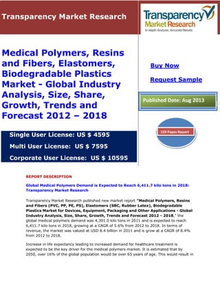 REPORT DESCRIPTION
Global Medical Polymers Demand is Expected to Reach 6,411.7 kilo tons in 2018:
Transparency Market Research
Transparency Market Research published new market report "Medical Polymers, Resins
and Fibers (PVC, PP, PE, PS), Elastomers (SBC, Rubber Latex), Biodegradable
Plastics Market for Devices, Equipment, Packaging and Other Applications - Global
Industry Analysis, Size, Share, Growth, Trends and Forecast 2012 - 2018," the
global medical polymers demand was 4,391.0 kilo tons in 2011 and is expected to reach
6,411.7 kilo tons in 2018, growing at a CAGR of 5.6% from 2012 to 2018. In terms of
revenue, the market was valued at USD 8.4 billion in 2011 and is grow at a CAGR of 8.4%
from 2012 to 2018.
Increase in life expectancy leading to increased demand for healthcare treatment is
expected to be the key driver for the medical polymers market. It is estimated that by
2050, over 16% of the global population would be over 65 years of age. This would result in
Transparency Market Research
Medical Polymers, Resins
and Fibers, Elastomers,
Biodegradable Plastics
Market - Global Industry
Analysis, Size, Share,
Growth, Trends and
Forecast 2012 – 2018
Single User License: US $ 4595
Multi User License: US $ 7595
Corporate User License: US $ 10595
Buy Now
Request Sample
Published Date: Aug 2013
159 Pages Report
 