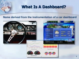 What Is A Dashboard?

Name derived from the instrumentation of a car dashboard




                                                       8
 