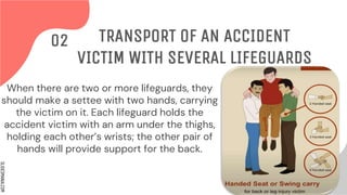 SLIDESMANIA.COM
When there are two or more lifeguards, they
should make a settee with two hands, carrying
the victim on it. Each lifeguard holds the
accident victim with an arm under the thighs,
holding each other’s wrists; the other pair of
hands will provide support for the back.
TRANSPORT OF AN ACCIDENT
VICTIM WITH SEVERAL LIFEGUARDS
02
 