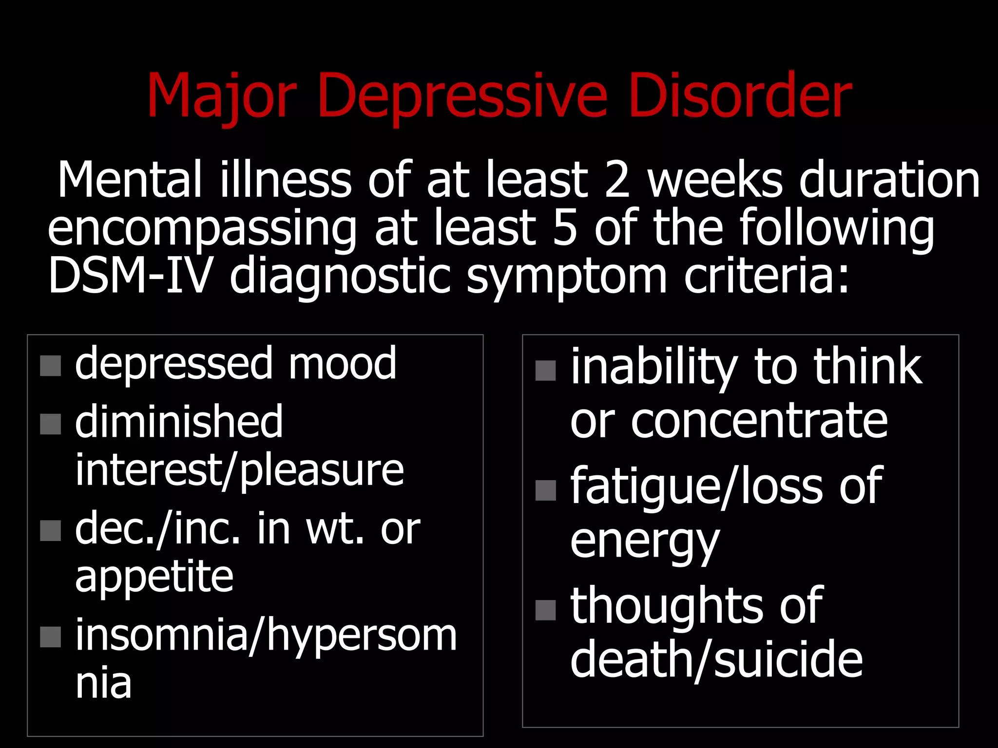 Major Depressive Disorder
Mental illness of at least 2 weeks duration
encompassing at least 5 of the following
DSM-IV diagnostic symptom criteria:
 depressed mood
 diminished
interest/pleasure
 dec./inc. in wt. or
appetite
 insomnia/hypersom
nia
 inability to think
or concentrate
 fatigue/loss of
energy
 thoughts of
death/suicide
 