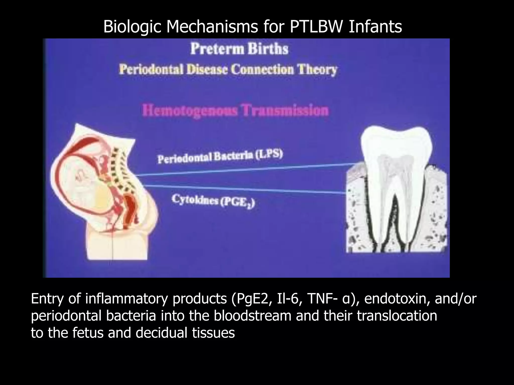 Biologic Mechanisms for PTLBW Infants
Entry of inflammatory products (PgE2, Il-6, TNF- α), endotoxin, and/or
periodontal bacteria into the bloodstream and their translocation
to the fetus and decidual tissues
 