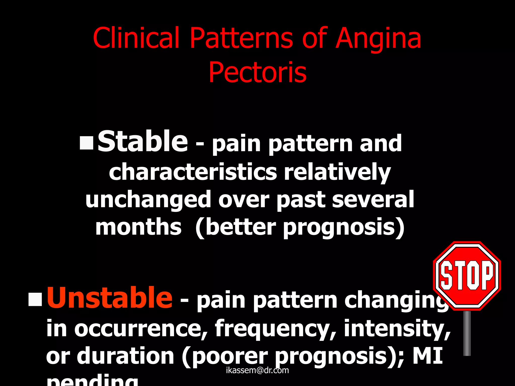 Clinical Patterns of Angina
Pectoris
Stable - pain pattern and
characteristics relatively
unchanged over past several
months (better prognosis)
Unstable - pain pattern changing
in occurrence, frequency, intensity,
or duration (poorer prognosis); MIikassem@dr.com
 