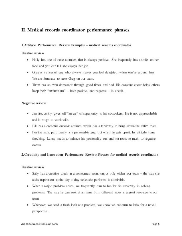 Medical Records Coordinator Performance Appraisal