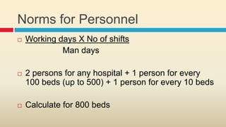 Norms for Personnel
   Working days X No of shifts
             Man days

   2 persons for any hospital + 1 person for every
    100 beds (up to 500) + 1 person for every 10 beds

   Calculate for 800 beds
 