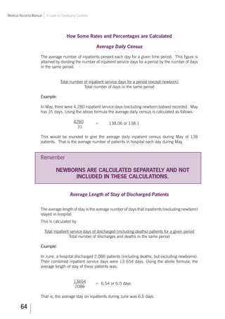 64
Medical Records Manual A Guide for Developing Countries
How Some Rates and Percentages are Calculated
Average Daily Census
The average number of inpatients present each day for a given time period. This figure is
attained by dividing the number of inpatient service days for a period by the number of days
in the same period.
Total number of inpatient service days for a period (except newborn)
Total number of days in the same period
Example:
In May, there were 4,280 inpatient service days (excluding newborn babies) recorded. May
has 31 days. Using the above formula the average daily census is calculated as follows:
4280
31	
=	 138.06 or 138.1
This would be rounded to give the average daily inpatient census during May of 138
patients. That is the average number of patients in hospital each day during May.
Remember
NEWBORNS ARE CALCULATED SEPARATELY AND NOT
INCLUDED IN THESE CALCULATIONS.
Average Length of Stay of Discharged Patients
The average length of stay is the average number of days that inpatients (excluding newborn)
stayed in hospital.
This is calculated by
Total inpatient service days of discharged (including deaths) patients for a given period
Total number of discharges and deaths in the same period
Example:
In June, a hospital discharged 2,086 patients (including deaths, but excluding newborns).
Their combined inpatient service days were 13 654 days. Using the above formula, the
average length of stay of these patients was:
13654
2086	
= 6.54 or 6.5 days
That is, the average stay on inpatients during June was 6.5 days.
 