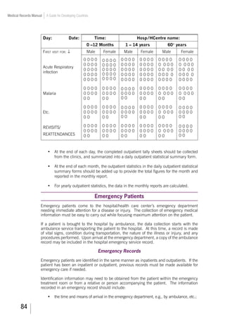 84
Medical Records Manual A Guide for Developing Countries
Day: Date: Time: Hosp/HCentre name:
0 –12 Months 1 – 14 years 60+
years
First visit for: ↓ Male Female Male Female Male Female
Acute Respiratory
infection
0 0 0 0
0 0 0 0
0 0 0 0
0 0 0 0
0 0 0 0
0 0 0 0
0 0 0 0
0 0 0 0
0 0 0 0
0 0 0 0
0 0 0 0
0 0 0 0
0 0 0 0
0 0 0 0
0 0 0 0
0 0 0 0
0 0 0 0
0 0 0 0
0 0 0 0
0 0 0 0
0 0 0 0
0 0 0 0
0 0 0 0
0 0 0 0
0 0 0 0
0 0 0 0
0 0 0 0
0 0 0 0
0 0 0 0
0 0 0 0
Malaria
0 0 0 0
0 0 0 0
0 0
0 0 0 0
0 0 0 0
0 0
0 0 0 0
0 0 0 0
0 0
0 0 0 0
0 0 0 0
0 0
0 0 0 0
0 0 0 0
0 0
0 0 0 0
0 0 0 0
0 0
Etc.
0 0 0 0
0 0 0 0
0 0
0 0 0 0
0 0 0 0
0 0
0 0 0 0
0 0 0 0
0 0
0 0 0 0
0 0 0 0
0 0
0 0 0 0
0 0 0 0
0 0
0 0 0 0
0 0 0 0
0 0
Revisits/
REATTENDANCEs
0 0 0 0
0 0 0 0
0 0
0 0 0 0
0 0 0 0
0 0
0 0 0 0
0 0 0 0
0 0
0 0 0 0
0 0 0 0
0 0
0 0 0 0
0 0 0 0
0 0
0 0 0 0
0 0 0 0
0 0
•	 At the end of each day, the completed outpatient tally sheets should be collected
from the clinics, and summarized into a daily outpatient statistical summary form.
•	 At the end of each month, the outpatient statistics in the daily outpatient statistical
summary forms should be added up to provide the total figures for the month and
reported in the monthly report.
•	 For yearly outpatient statistics, the data in the monthly reports are calculated.
Emergency Patients
Emergency patients come to the hospital/health care center’s emergency department
needing immediate attention for a disease or injury. The collection of emergency medical
information must be easy to carry out while focusing maximum attention on the patient.
If a patient is brought to the hospital by ambulance, the data collection starts with the
ambulance service transporting the patient to the hospital. At this time, a record is made
of vital signs, condition during transportation, the nature of the illness or injury, and any
procedures performed. Upon arrival at the emergency department, a copy of the ambulance
record may be included in the hospital emergency service record.
Emergency Records
Emergency patients are identified in the same manner as inpatients and outpatients. If the
patient has been an inpatient or outpatient, previous records must be made available for
emergency care if needed.
Identification information may need to be obtained from the patient within the emergency
treatment room or from a relative or person accompanying the patient. The information
recorded in an emergency record should include:
•	 the time and means of arrival in the emergency department, e.g., by ambulance, etc.;
 