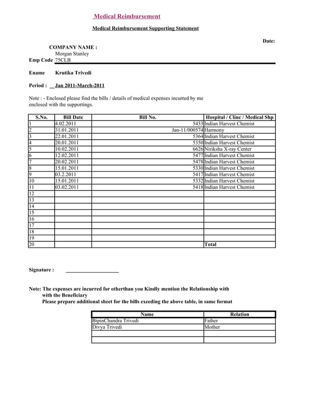 Medical reimbursement form | XLS