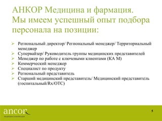 АНКОР Медицина и фармация . Мы имеем успешный опыт подбора персонала на позиции: Региональный директор/ Региональный менеджер/ Территориальный менеджер Супервайзер/ Руководитель группы медицинских представителей Менеджер по работе с ключевыми клиентами (КА М) Коммерческий менеджер Специалист по продукту Региональный представитель Старший медицинский представитель/ Медицинский представитель (госпитальный/ Rx /ОТС) 