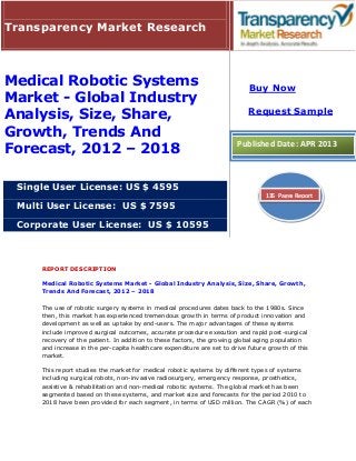 REPORT DESCRIPTION
Medical Robotic Systems Market - Global Industry Analysis, Size, Share, Growth,
Trends And Forecast, 2012 – 2018
The use of robotic surgery systems in medical procedures dates back to the 1980s. Since
then, this market has experienced tremendous growth in terms of product innovation and
development as well as uptake by end-users. The major advantages of these systems
include improved surgical outcomes, accurate procedure execution and rapid post-surgical
recovery of the patient. In addition to these factors, the growing global aging population
and increase in the per-capita healthcare expenditure are set to drive future growth of this
market.
This report studies the market for medical robotic systems by different types of systems
including surgical robots, non-invasive radiosurgery, emergency response, prosthetics,
assistive & rehabilitation and non-medical robotic systems. The global market has been
segmented based on these systems, and market size and forecasts for the period 2010 to
2018 have been provided for each segment, in terms of USD million. The CAGR (%) of each
Transparency Market Research
Medical Robotic Systems
Market - Global Industry
Analysis, Size, Share,
Growth, Trends And
Forecast, 2012 – 2018
Single User License: US $ 4595
Multi User License: US $ 7595
Corporate User License: US $ 10595
Buy Now
Request Sample
Published Date: APR 2013
135 Pages Report
 