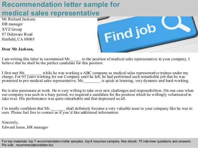 medical sales representative recommendation letter letter of recommendation from a doctor